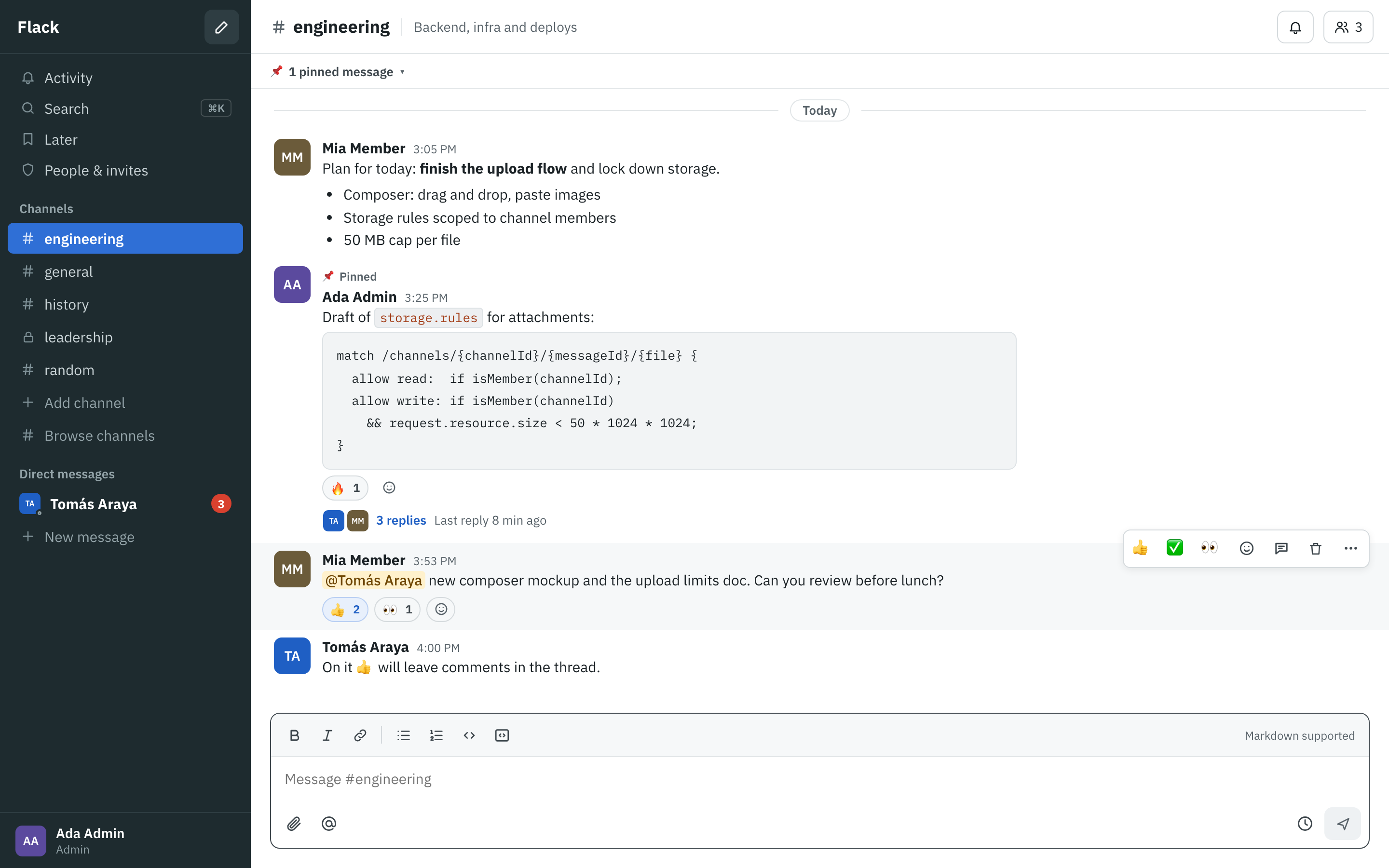 A Flack channel with messages, a thread and the sidebar